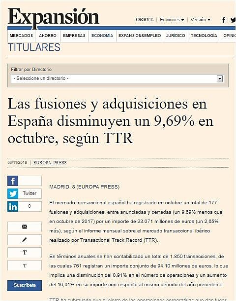 Las fusiones y adquisiciones en Espaa disminuyen un 9,69% en octubre, segn TTR